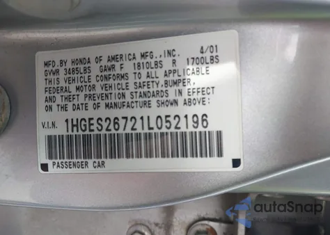 2001 Honda Civic Ex из США, поврежденный, VIN 1HGES26721L052196